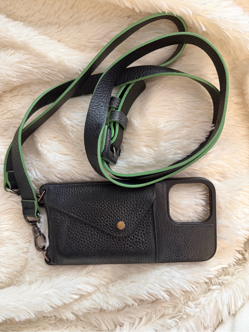 Bandolier Black Leather iPhone13ProMax Case w/Green-Trim Crossbody Strap